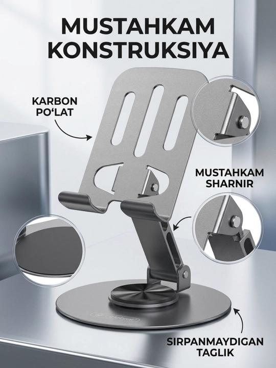 Telefon stendi stol uchun 360° aylanadigan buklanadigan holder, telefon va planshet uchun