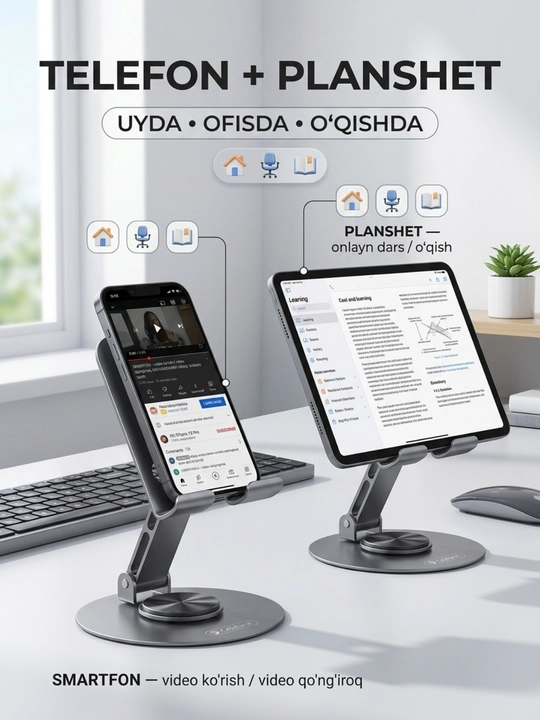 Telefon stendi stol uchun 360° aylanadigan buklanadigan holder, telefon va planshet uchun