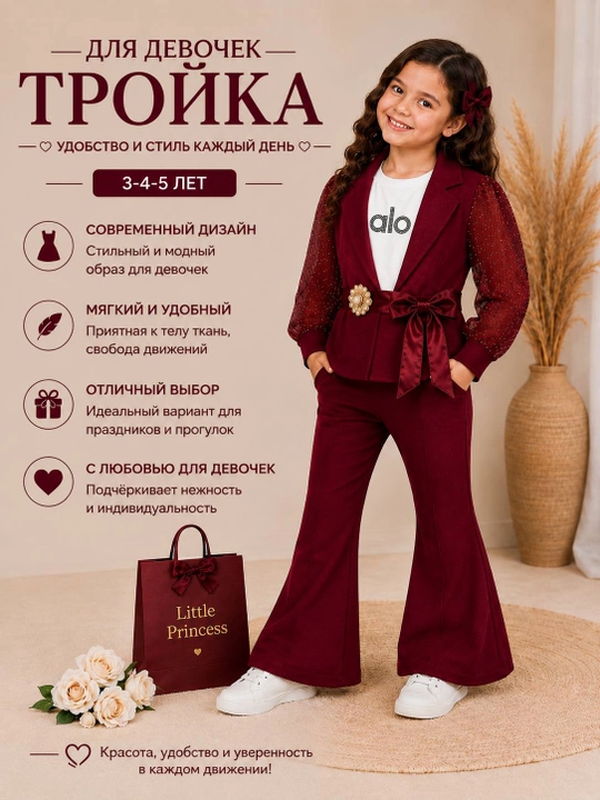 Костюм тройка для девочки 3–5 лет, пиджак, футболка и брюки, модный образ