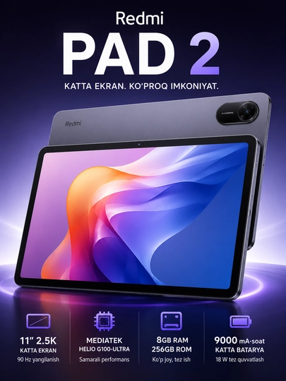 Redmi Pad 2 8/256GB Graphite Gray planshet, 11 dyuym 2.5K 90Hz ekran 9000 mA·soat batareya