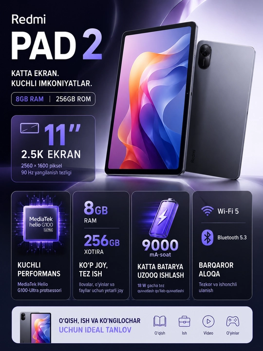 Redmi Pad 2 8/256GB Graphite Gray planshet, 11 dyuym 2.5K 90Hz ekran 9000 mA·soat batareya