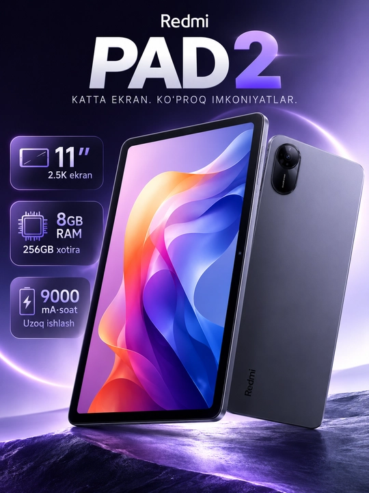 Redmi Pad 2 8/256GB Graphite Gray planshet, 11 dyuym 2.5K 90Hz ekran 9000 mA·soat batareya - 
