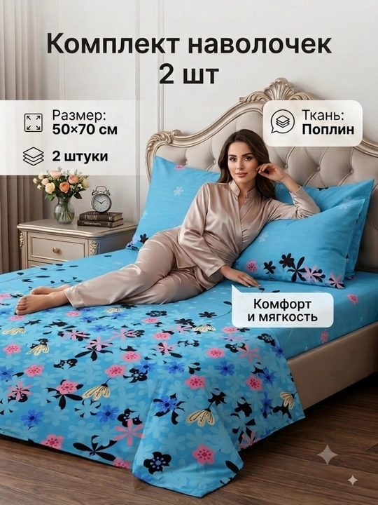Комплект наволочек 2 штуки, размер: 50x70 см; из поплина, из 100% хлопка (легкий и мягкий) - 