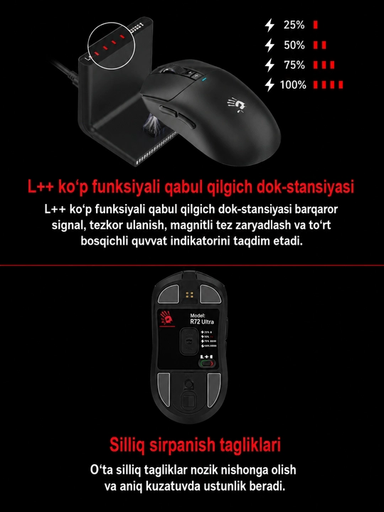 Bloody R72 Pro Duo - simsiz o‘yin sichqonchasi, 26000 CPI, 1000 Gs, quvvatlash stansiyasi