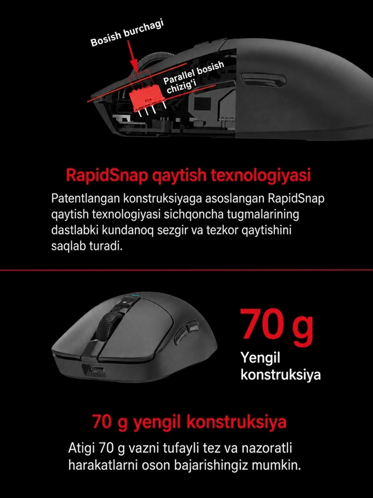 Bloody R72 Pro Duo - simsiz o‘yin sichqonchasi, 26000 CPI, 1000 Gs, quvvatlash stansiyasi