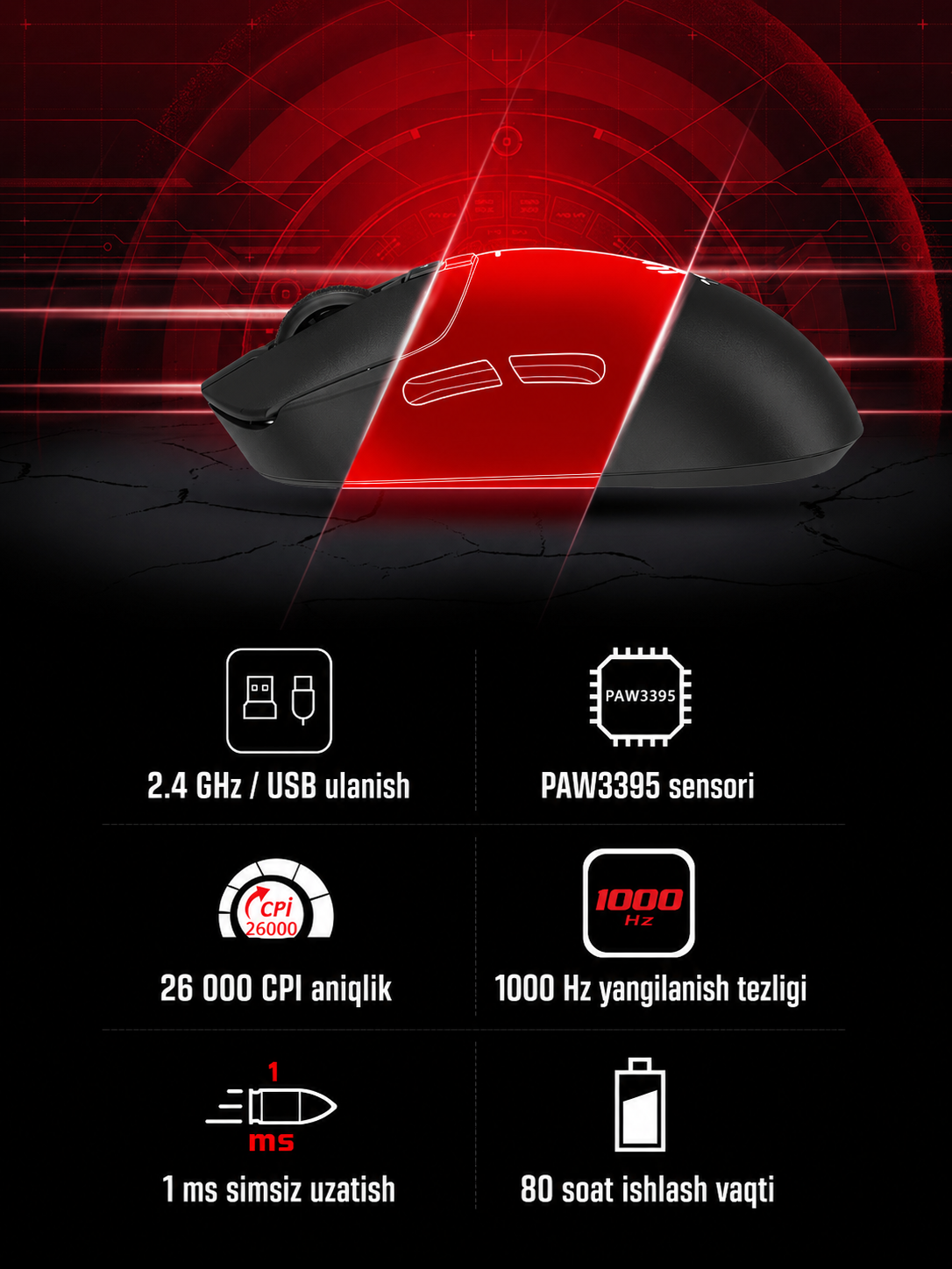 Bloody R72 Pro Duo - simsiz o‘yin sichqonchasi, 26000 CPI, 1000 Gs, quvvatlash stansiyasi