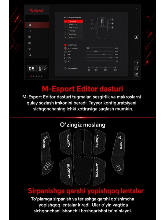 Bloody R72 Pro Duo - simsiz o‘yin sichqonchasi, 26000 CPI, 1000 Gs, quvvatlash stansiyasi