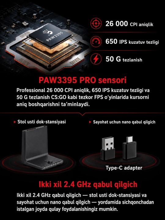Bloody R72 Pro Duo - simsiz o‘yin sichqonchasi, 26000 CPI, 1000 Gs, quvvatlash stansiyasi
