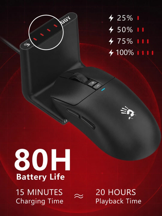 Bloody R72 Pro Duo - simsiz o‘yin sichqonchasi, 26000 CPI, 1000 Gs, quvvatlash stansiyasi
