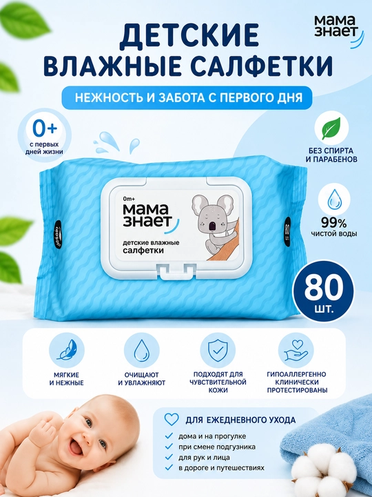 Bolalar uchun “Mama znaet” nam salfetkalari, gipoallergen, 80 dona, 0+, qopqoqli, yumshoq - 
