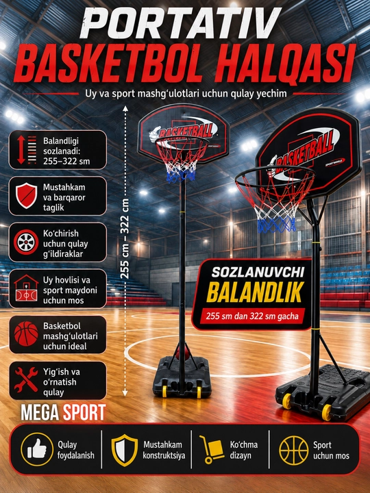 Bolalar uchun portativ basketbol halqasi, sozlanadigan sport stendi - 