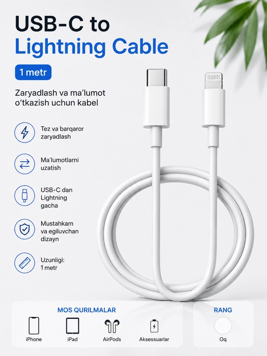 USB-C to Lightning kabel 1m, zaryadlash va ma’lumot uzatish uchun - 