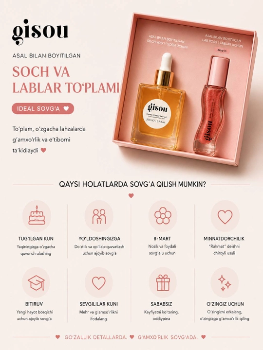 Gisou Glossy & Glazed — подарочный набор масел для волос и губ, 20 мл + 8 мл