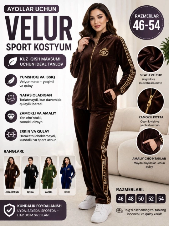 Ayollar uchun velyur sport   kostyumi, yumshoq, issiq, zamokli, 46-54 razmer - 