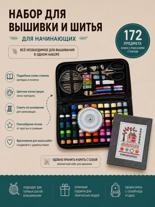 Набор для рукоделия 172 предмета с книгой по вышивке и образцами стежков