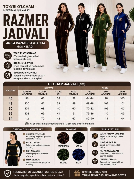 Ayollar uchun velyur sport   kostyumi, yumshoq, issiq, zamokli, 46-54 razmer - 