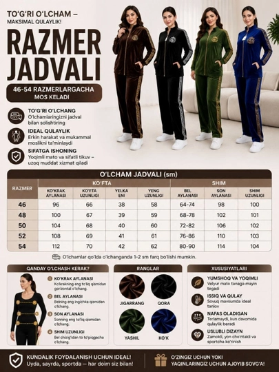 Ayollar uchun velyur sport   kostyumi, yumshoq, issiq, zamokli, 46-54 razmer - 