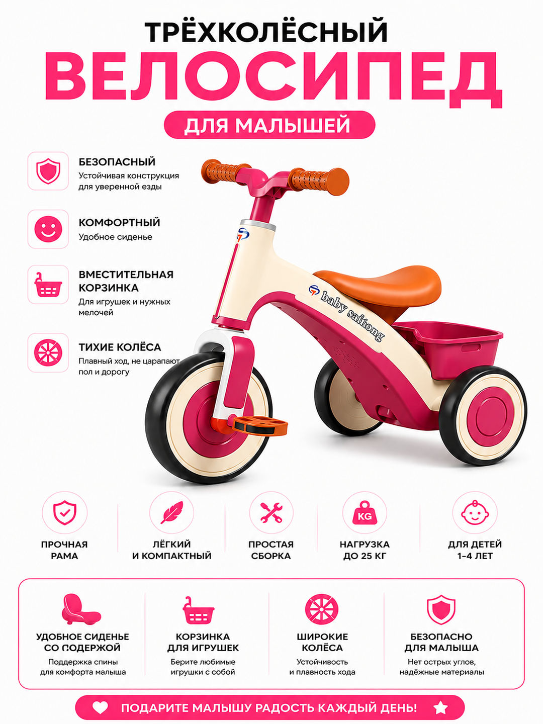 Трёхколёсный велосипед для детей со спинкой и корзинкой - 