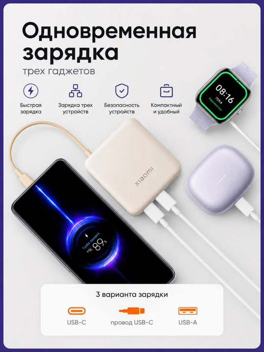 Xiaomi Power Bank 10000 мАч 33 Вт, CCC, встроенный кабель Type-C, USB-A + Type-C