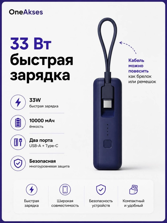 Xiaomi Power Bank 10000 мАч 33 Вт, CCC, встроенный кабель Type-C, USB-A + Type-C