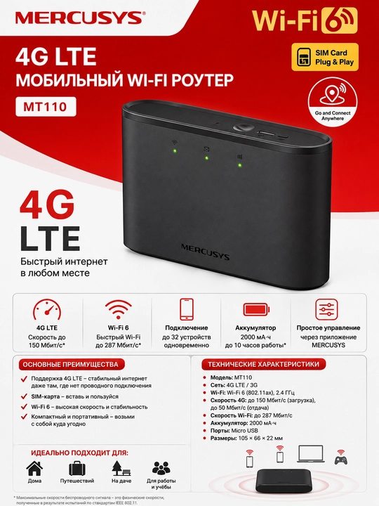 MERCUSYS MT110 — мобильный Wi-Fi роутер 4G LTE - 