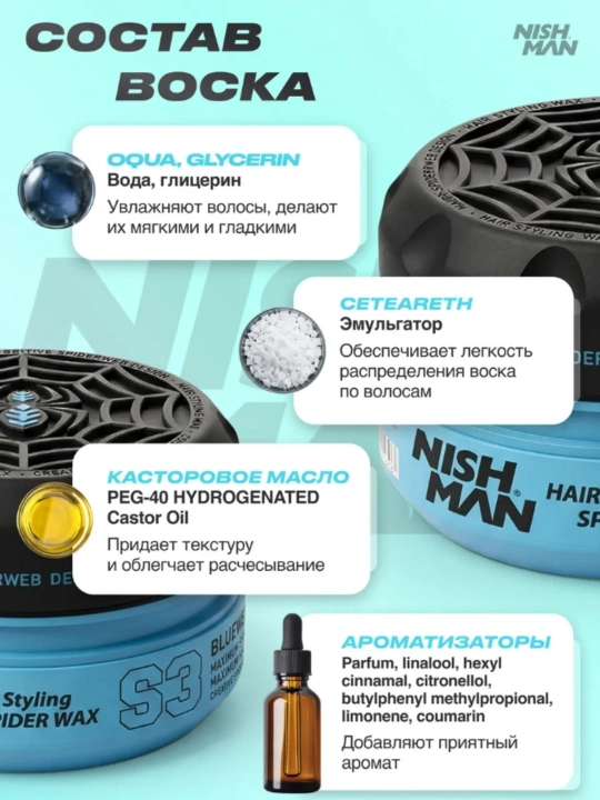 Воск-паутина для волос Nishman  S1,S2,S3,S4,S5,S6, стайлинг для укладки, 150 мл