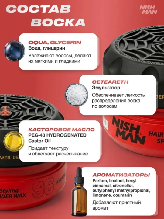 Воск-паутина для волос Nishman  S1,S2,S3,S4,S5,S6, стайлинг для укладки, 150 мл
