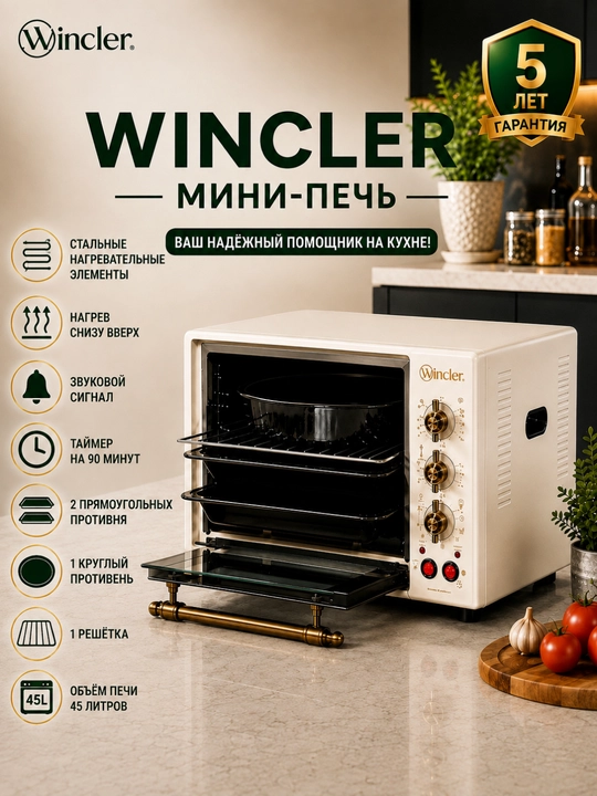 Wincler мини-печь 45 л, электродуховка, гриль, конвекция, 300°c, таймер 90 мин