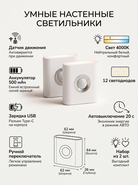 Harakat sensori, USB quvvatlash va avtomatik o‘chirish imkoniyatiga ega LED tungi chiroq - 