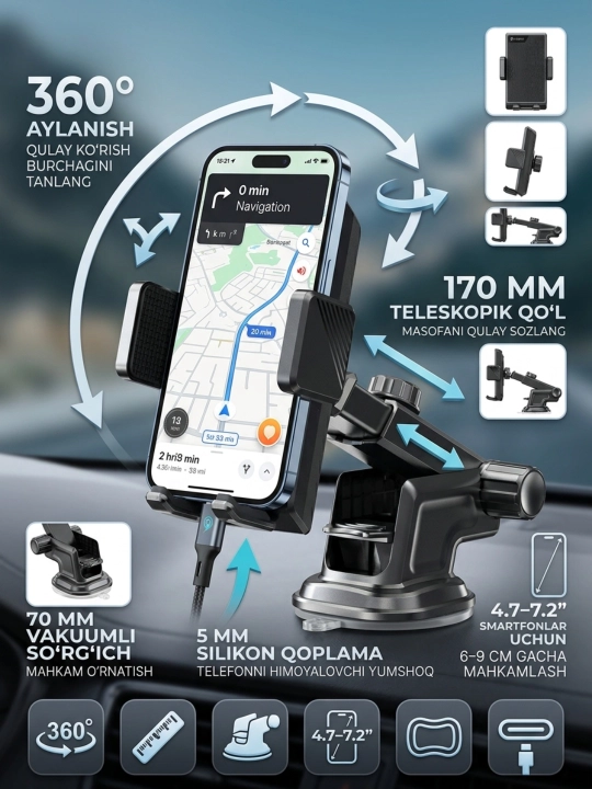 Avtomobil telefon ushlagichi, konsol uchun, 360° aylanuvchi, bir tugmali, universal - 