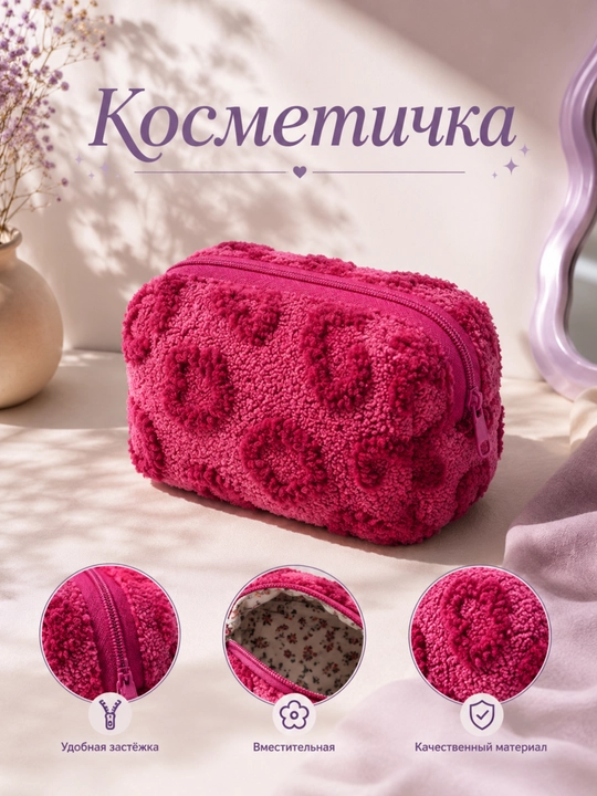 Yumshoq plyushli, gulli naqshli kosmetichka - 