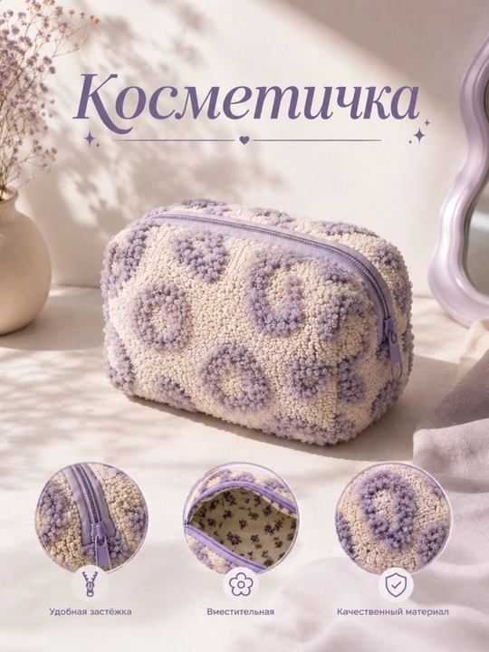 Yumshoq plyushli, gulli naqshli kosmetichka - 