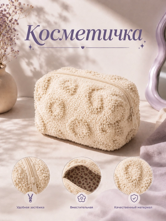 Yumshoq plyushli, gulli naqshli kosmetichka - 