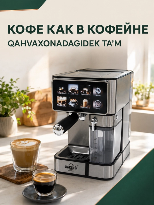 Professional kofe mashina UAKEEN — 20 Bar, oʻrnatilgan kofemolka