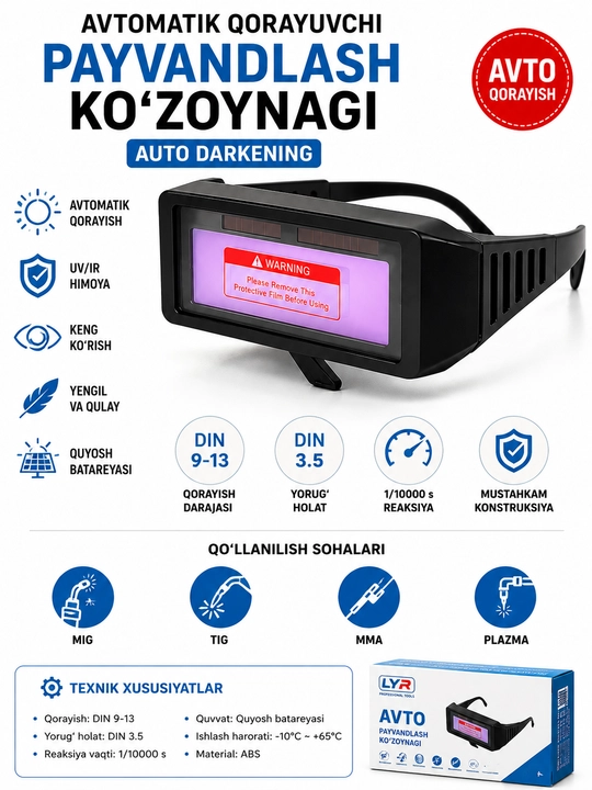 Avtomatik qorayuvchi payvandlash ko‘zoynagi, UV/IR himoyali