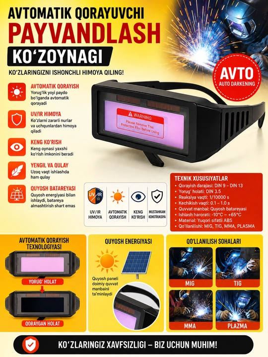 Avtomatik qorayuvchi payvandlash ko‘zoynagi, UV/IR himoyali
