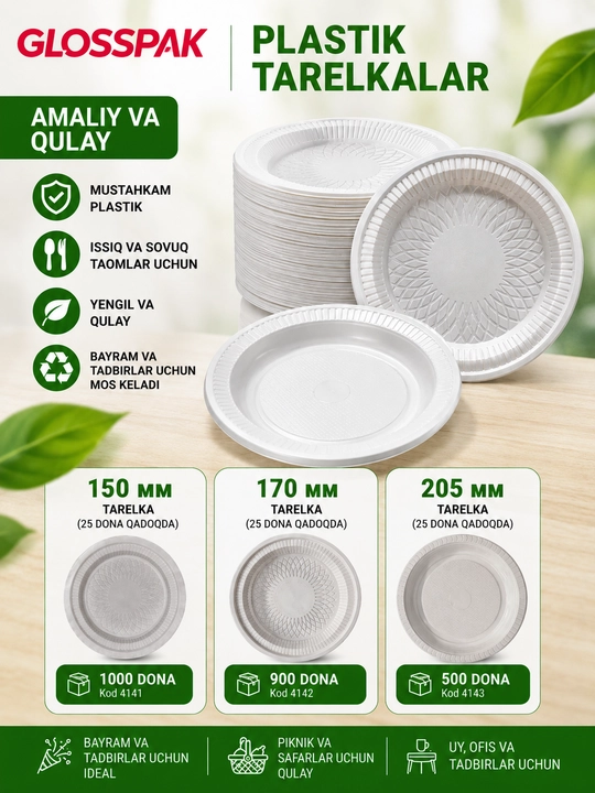 Bir martalik plastik tarelkalar 25 dona