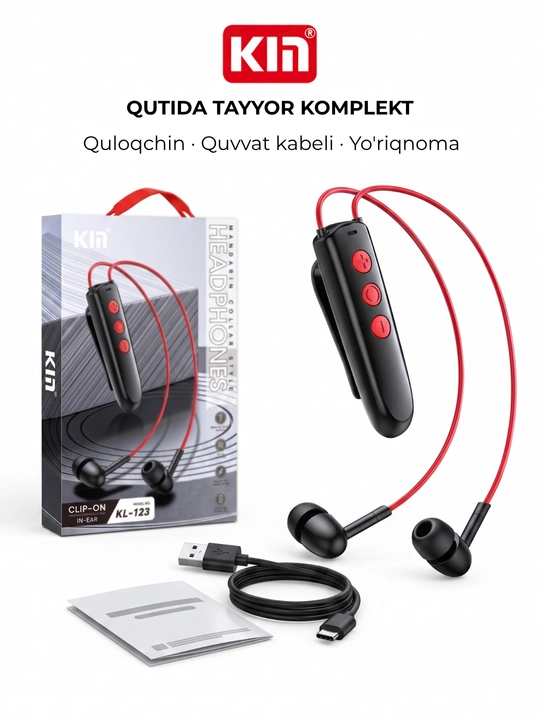 KIN KL123 - kiyimga mahkamlanadigan simsiz quloqchinlar, Bluetooth, 10 soatgacha xizmat qiladi