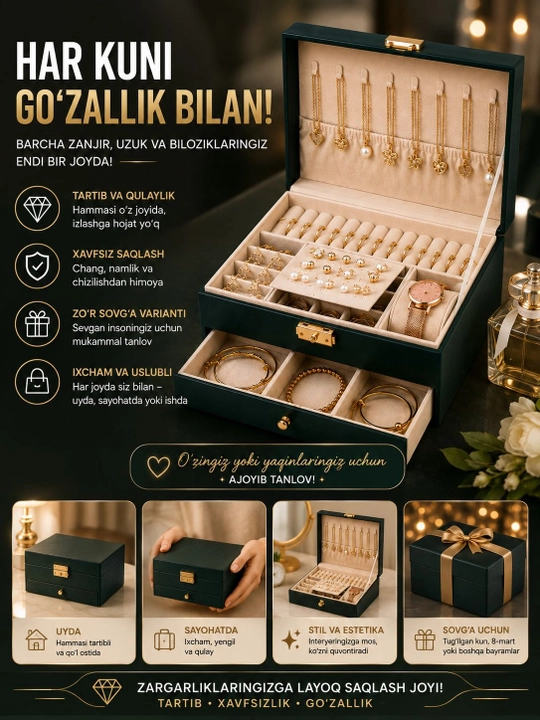 Taqinchoqlar uchun organayzer shkatulka, zargarlik buyumlari va soatlar uchun quti