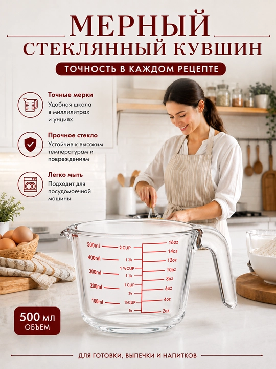 Мерный стеклянный кувшин с ручкой  из жаропрочного стекла 250/500/1000 мл, точная шкала - 