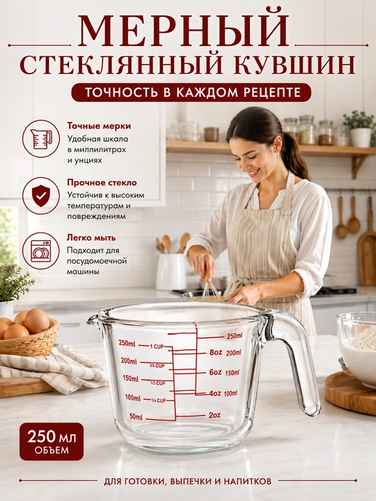 Мерный стеклянный кувшин с ручкой  из жаропрочного стекла 250/500/1000 мл, точная шкала