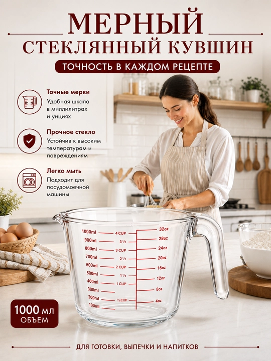 Мерный стеклянный кувшин с ручкой  из жаропрочного стекла 250/500/1000 мл, точная шкала