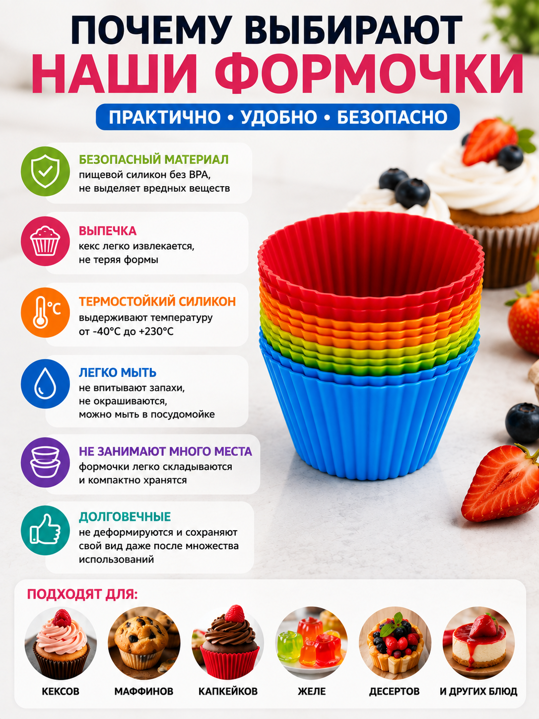 12 dona silikon keks qolipi, qayta ishlatiladigan, muffin va kapkeyk pishirish uchun - 