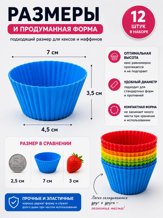 Формы силиконовые для кексов 12 шт, многоразовые, для маффинов, капкейков и выпечки