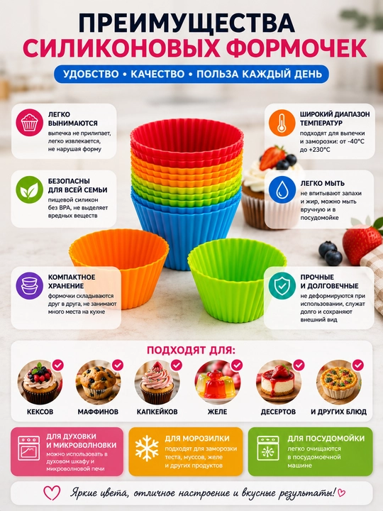 Формы силиконовые для кексов 12 шт, многоразовые, для маффинов, капкейков и выпечки