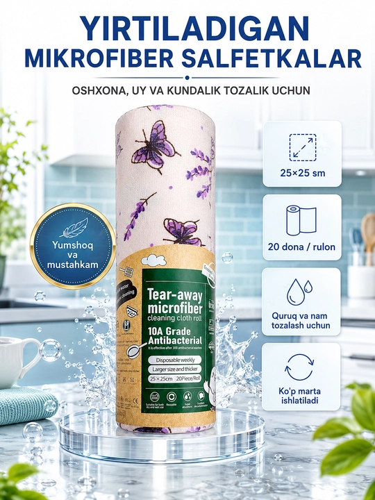 Алфетки из микрофибры в рулоне, 20 шт 25x25 см, многоразовые для уборки - 