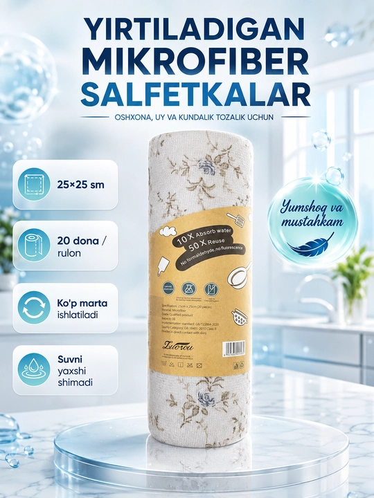 Алфетки из микрофибры в рулоне, 20 шт 25x25 см, многоразовые для уборки - 
