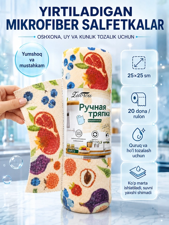 Алфетки из микрофибры в рулоне, 20 шт 25x25 см, многоразовые для уборки
