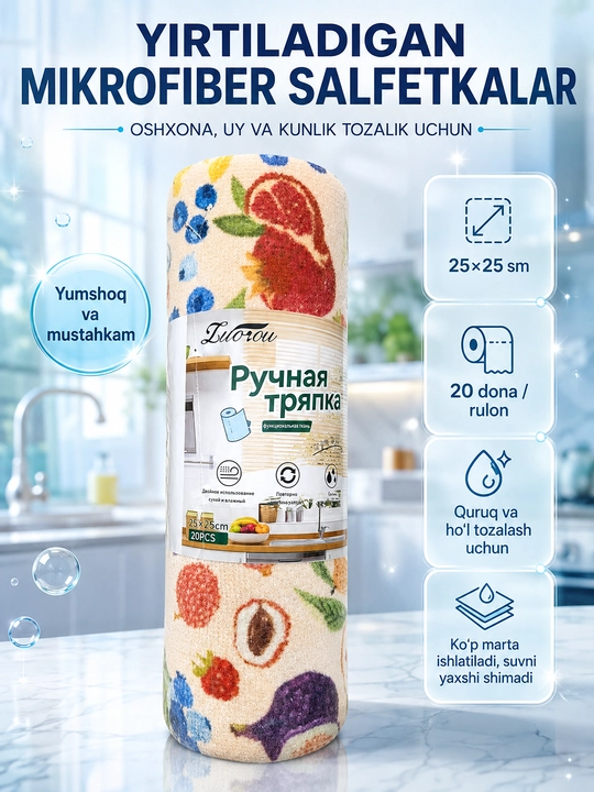 Алфетки из микрофибры в рулоне, 20 шт 25x25 см, многоразовые для уборки - 