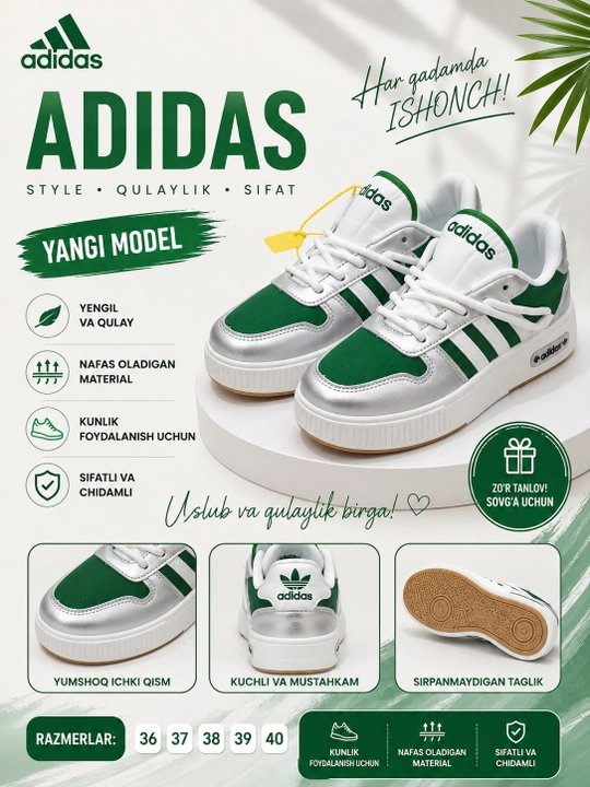 Ayollar poyabzali: 36-41 o‘lchamdagi qizlar va ayollar uchun Adidas krossovkalari